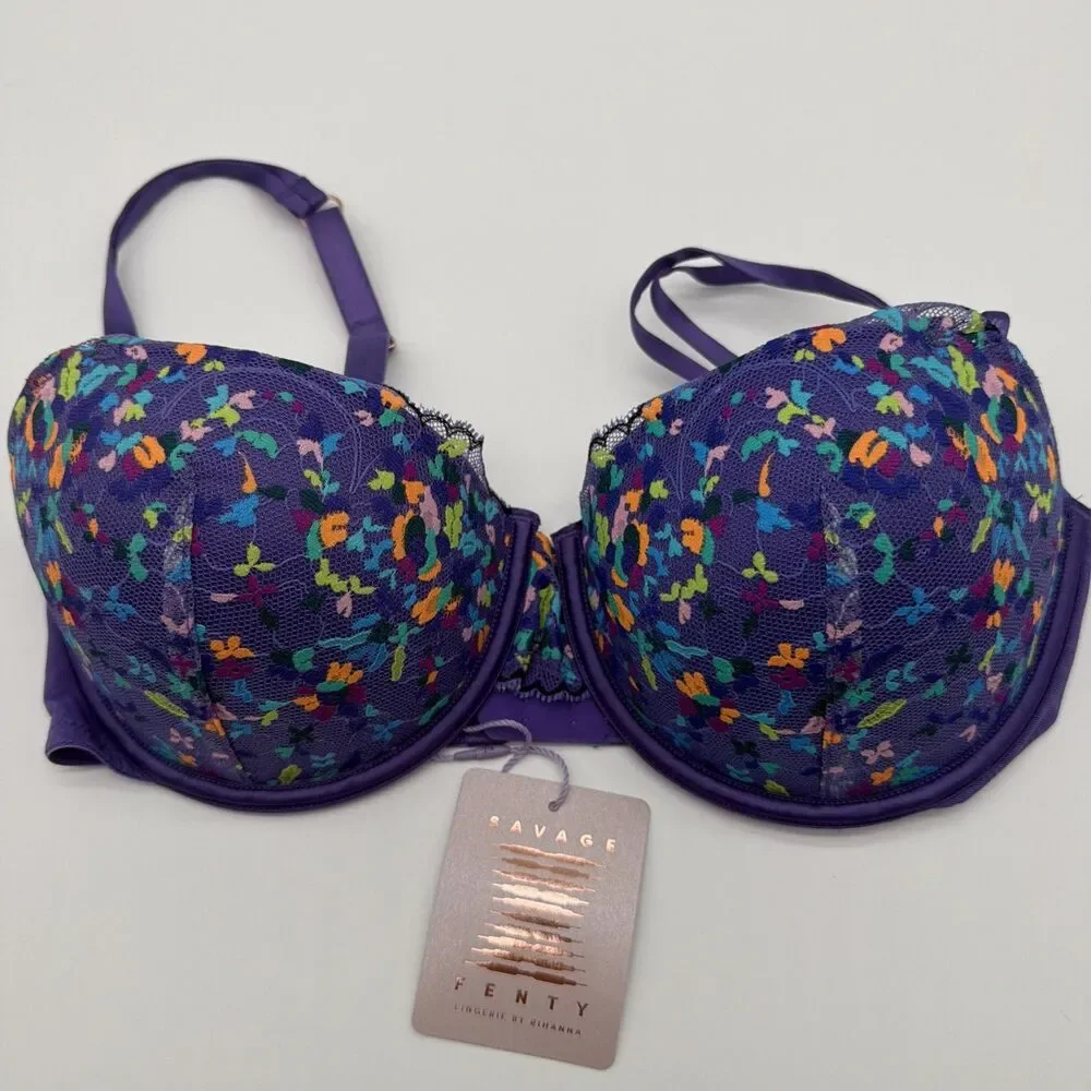 Savage X Fenty Steamy Floral Padded Lace Balconette Bra Purple Size 34DDD